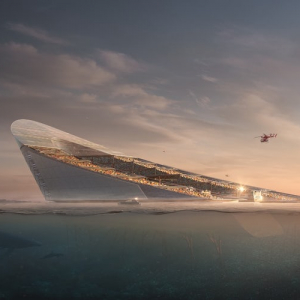 Ephemere Highrise. Een combinatie van een container- en cruiseschip, dat zijn energie halt uit wind, golven en getijdenbeweging. Illustratie Dimo Ivanov / Fondation Jacques Rougerie.